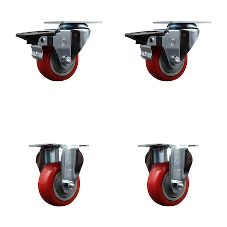 Service Caster 3'' Red Poly Wheel Swivel Top Plate Caster Set with 2 Posi Brakes 2 Rigid, 4PK SCC-20S314-PPUB-RED-PLB-2-R-2